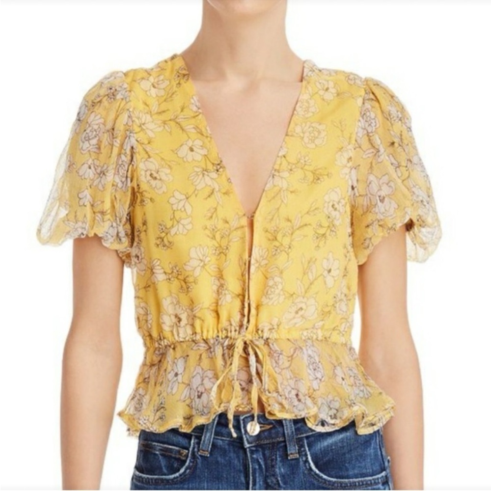 Anthropologie Rahi Yellow Floral Tie Waste Top Size M Made in India